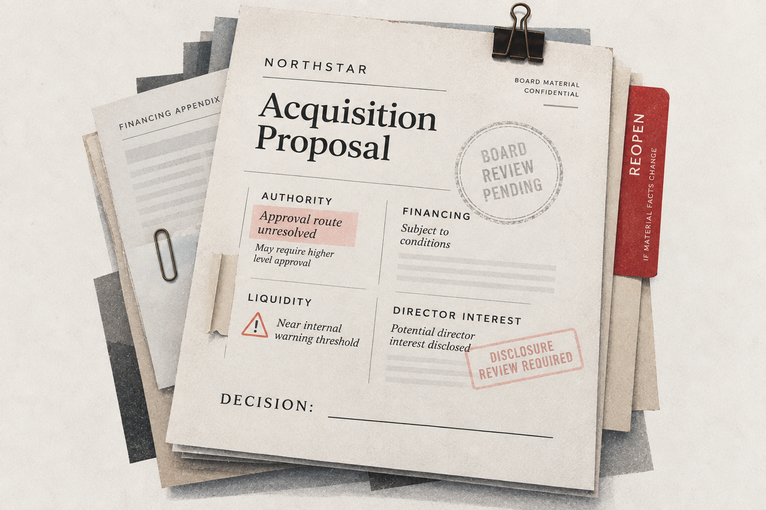 Northstar acquisition board-decision file showing an unresolved approval route, conditional financing, liquidity near an internal warning threshold, and a potential director interest, with a Reopen tab for material fact changes.